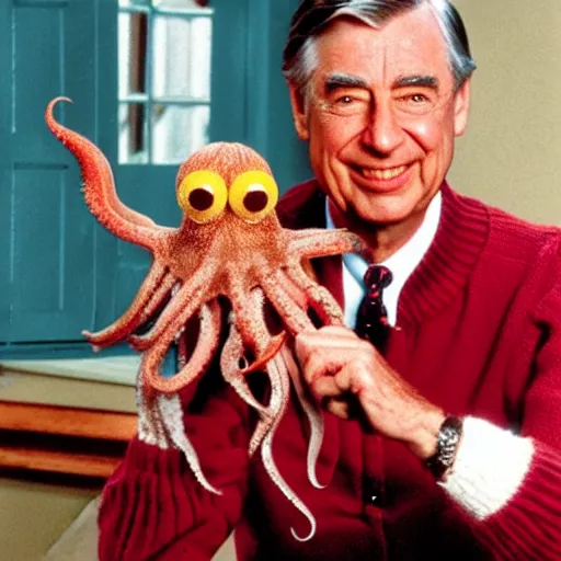 Image similar to mr. rogers proudly displaying a horrific mutated octopus demon that he holds in his hand. 4 k color horror photo.