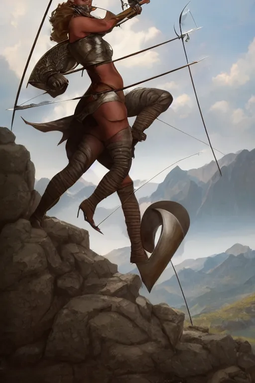 Prompt: full - body matte portrait of a voluptuous female archer in a heroic pose at the top of a mountain holding a silver greatbow, tied leather armor, by artgerm, andreas rocha, greg rutkowski, mucha, sharp edges. ultra clear detailed. 8 k. elegant. octane render