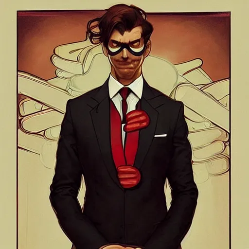 Image similar to man wearing a suit made of hotdog. he is dressed as a superhero. clean elegant painting, beautiful detailed face. by artgerm and greg rutkowski and alphonse mucha