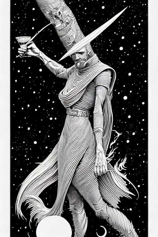 Image similar to side view of a majestic wizard holding a martini, high details, bold line art, by vincent di fate and joe fenton, inking, etching, screen print, masterpiece, trending on artstation, sharp, high contrast, hyper - detailed,, hd, 4 k, 8 k