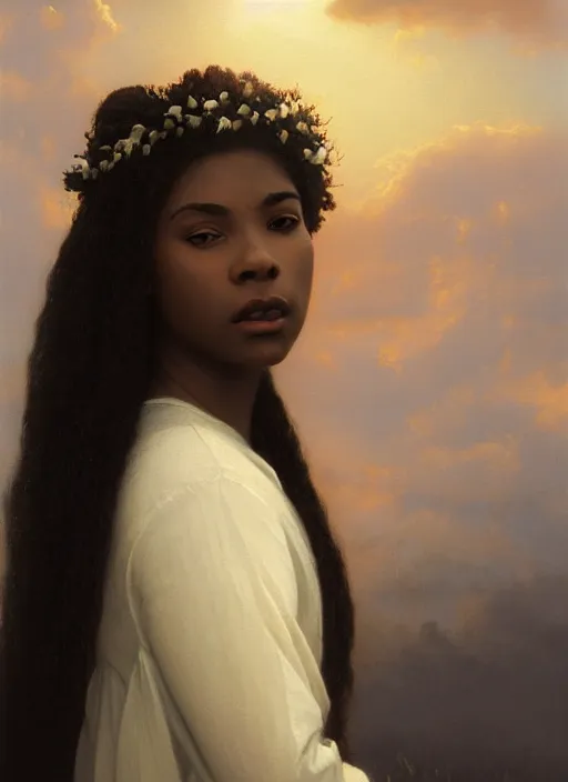 Image similar to oil painting close up portrait of a contemplative young black woman with long dark flowing hair in a white dress, wearing a crown of lilies of the valley at sunset, hazy, digital art, chiaroscuro, artstation, cinematic, golden hour, digital art painting by greg rutkowski, william - adolphe bouguereau, hazy atmosphere, cinematic lighting