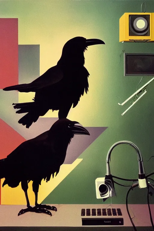 Prompt: a raven investigating 8 0 s era technology, vintage shapes, retro technology, happy color, wayne barlow, oil on canvas, deep depth of field, masterpiece, cinematic composition, hyperdetailed