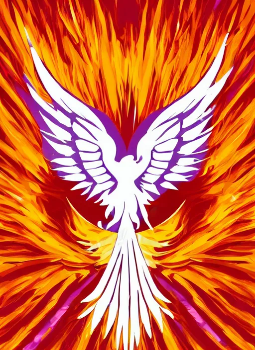 Prompt: white phoenix on salt crystals simple background simplified stylised poster art neat graphic design style holistic on orange and purple flames