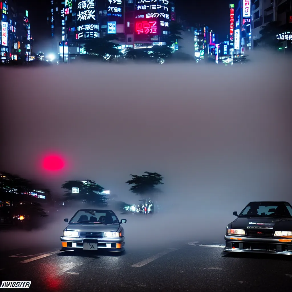 Prompt: JZX90 twin turbo drift in Shibuya, misty night