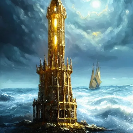 Prompt: a delicate ornate sparkling gold fantasy tower splashes upwards from a stormy ocean shimmering in the sunlight, dramatic lighting, rich colors, beautiful oil painting, artstation