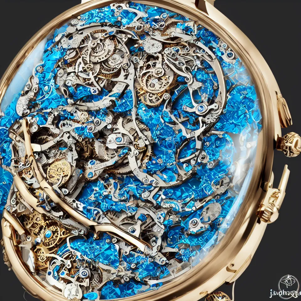 Image similar to a steampunk sleek, jewelled, tropical bird repeater watch by Jaquet Droz, highly detailed illustration highlights, gold and silver highlights, neon blue highlights, macro photography, F/2.8, trending on artstation, octane render