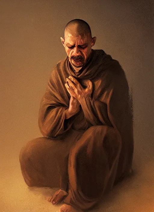 Image similar to oil painting portrait of a weeping sobbing tonsured dominican monk in a brown habit, kneeling in a dark empty chapel, hazy, digital art, artstation, cinematic, moonlight, digital art painting by greg rutkowski, cozy atmosphere, cinematic lighting