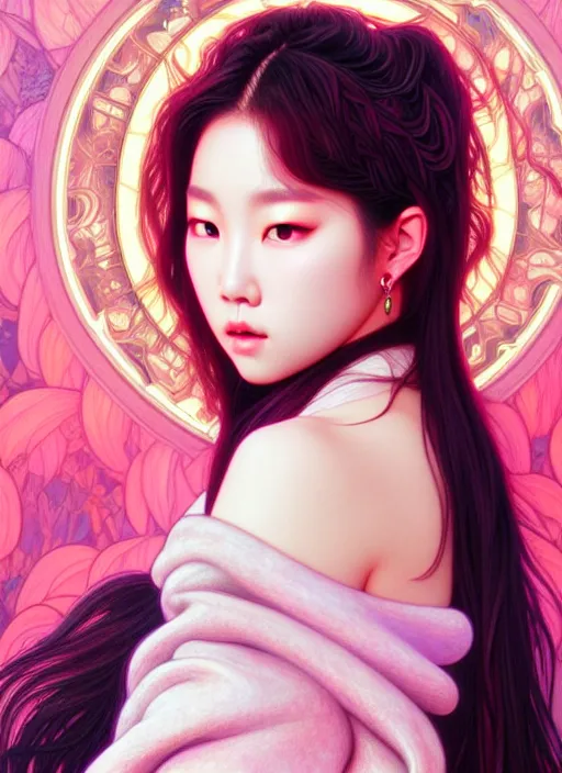 Image similar to roseanne park of blackpink, goddess, tarot card, highly detailed, digital painting, smooth, sharp focus, illustration, ultra realistic, 8 k, art by artgerm and alphonse mucha