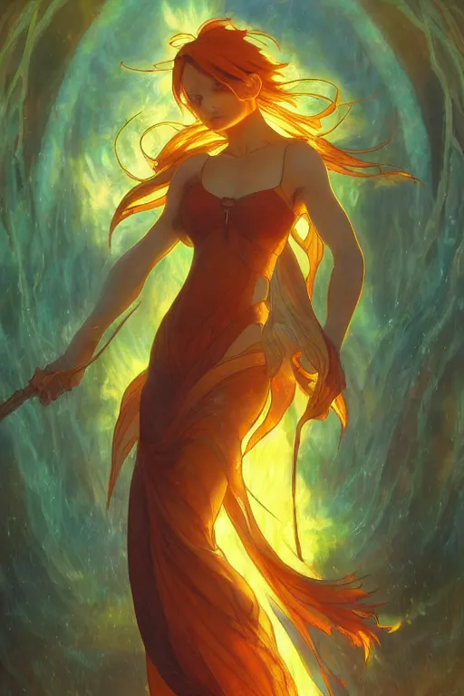 Image similar to a beautiful render of a beautiful female fire sprite, flames, anime, manga, a beautiful face, perfectly shaded, atmospheric lighting, style of makoto shinkai, raphael lacoste, louis comfort tiffany, artgerm, karol bak, james jean, alphonse maria mucha