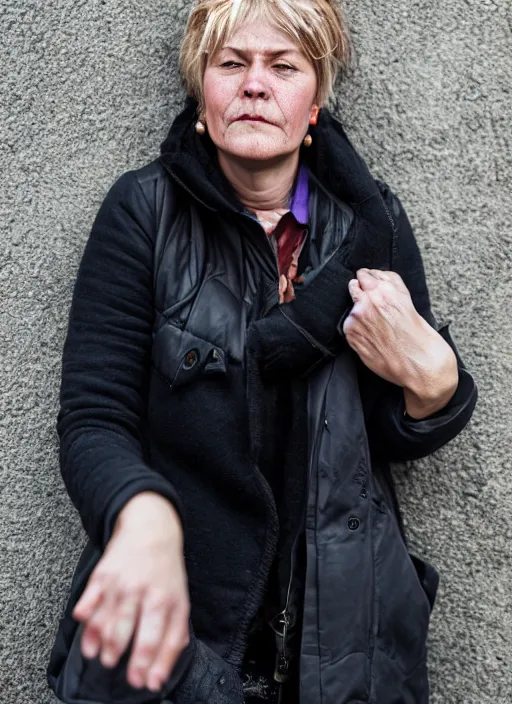 Image similar to Mid-shot portrait of a 50-year-old woman from Norway with short hair, candid street portrait in the style of Martin Schoeller award winning, Sony a7R