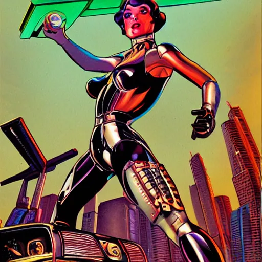 Prompt: cyborg pinup front cover shiny future retro