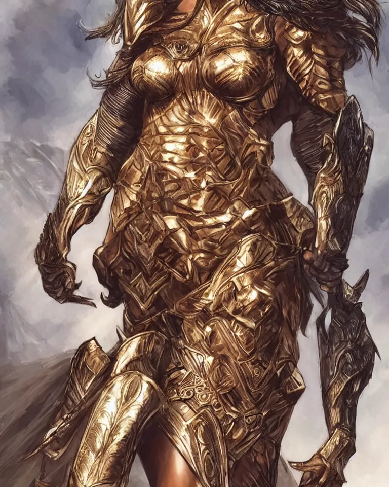 Image similar to cadence lux as an amazon warrior, a tall beautiful woman with brown skin and long hair, dressed in hellenistic body armor, intricate, elegant, highly detailed, smooth, sharp focus, detailed face, art by ardian syaf