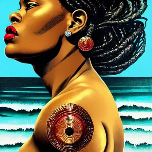 Image similar to portrait and side profile of a black woman :: side profile :: in ocean :: clockwork details :: gold :: blood and horror :: by vikings and Sandra Chevrier