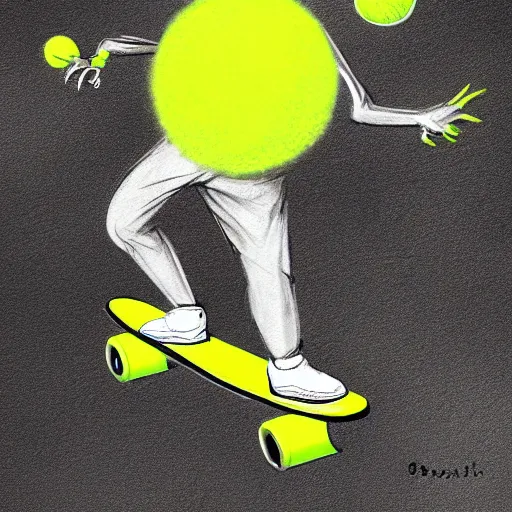 Image similar to a tennis ball monster, tennis ball, dark, chalky, riding on a skateboard, digital art, fantasy, magic, trending on artstation, ultra detailed, professional illustration by Basil Gogos