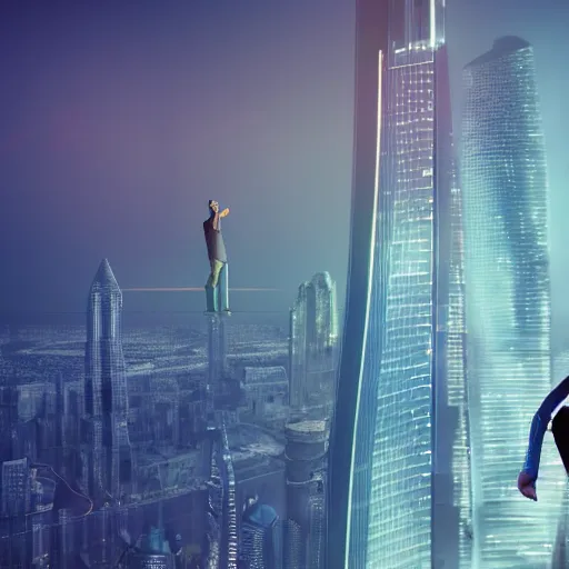 Image similar to closeup of a man [ standing on the pinnacle of the burj khalifa ]!!, holding a camera, viewing out into a [ futuristic cityscape ]!!, dusk atmosphere, digital art illustrated by max hay and greg rutkowski, [ 8 0 s neon art style ]!!, neon wallpaper!!, golden ratio!!, centered!!