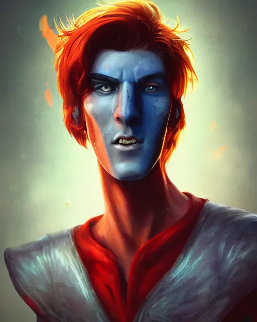 Image similar to an epic fantasy comic book style portrait painting of tall, thin, 1 5 - year - old boy with a long nose, a lot of freckles, fiery red hair, and bright blue eyes, unreal 5, daz, hyperrealistic, octane render, cosplay, rpg portrait, dynamic lighting