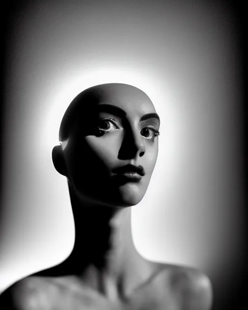 Image similar to black and white high quality photo of a beautiful female AI vegetal-cyborg looking into a sci-fi mirror, volumetric lighting, liminal space, brutalism, foggy, dreamy, hyperdetailed, bokeh, photorealistic, cinematic, masterpiece, elegant, dark, by Man Ray in the style of Horst P. Horst, octane render, 8K,