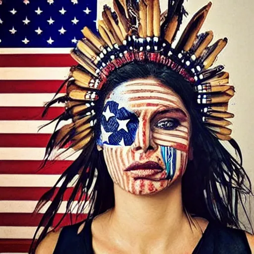 Image similar to a beautiful portrait sculpture designed by Sandra Chevrier, tribal head dress, American stars and stripes on face, by Annie Leibovitz