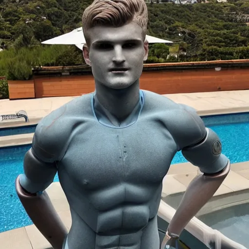 Image similar to a realistic detailed photo of a guy who is an attractive humanoid who is half robot and half humanoid, who is a male android, soccer player timo werner, shiny skin, posing like a statue, blank stare, by the pool, on display, showing off his muscles, humanoid robot, frozen ice statue, made of ice