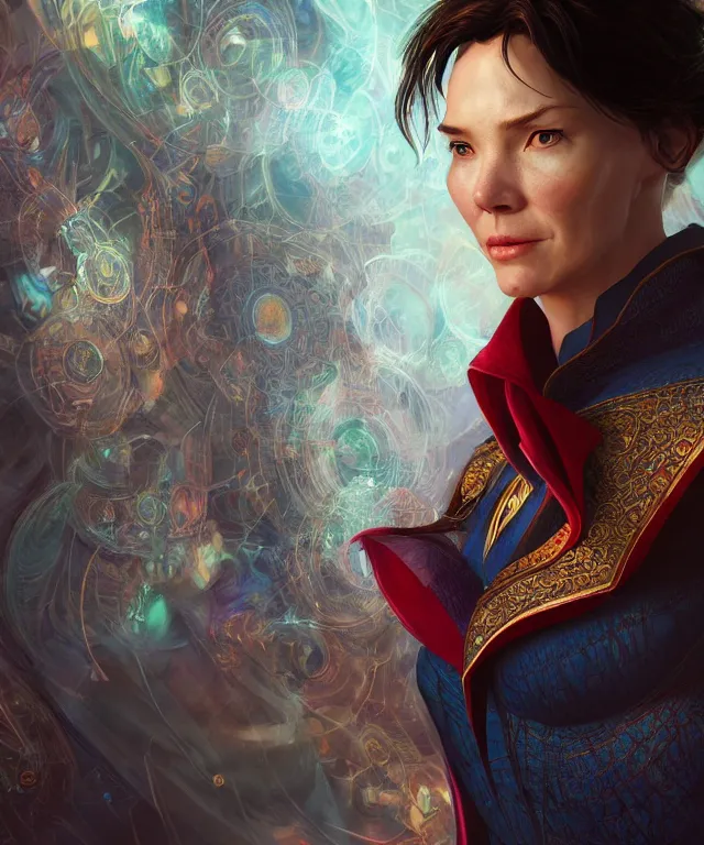 Prompt: woman doctor strange, au naturel, hyper detailed, digital art, trending in artstation, cinematic lighting, studio quality, smooth render, unreal engine 5 rendered, octane rendered, art style by klimt and nixeu and ian sprigger and wlop and krenz cushart