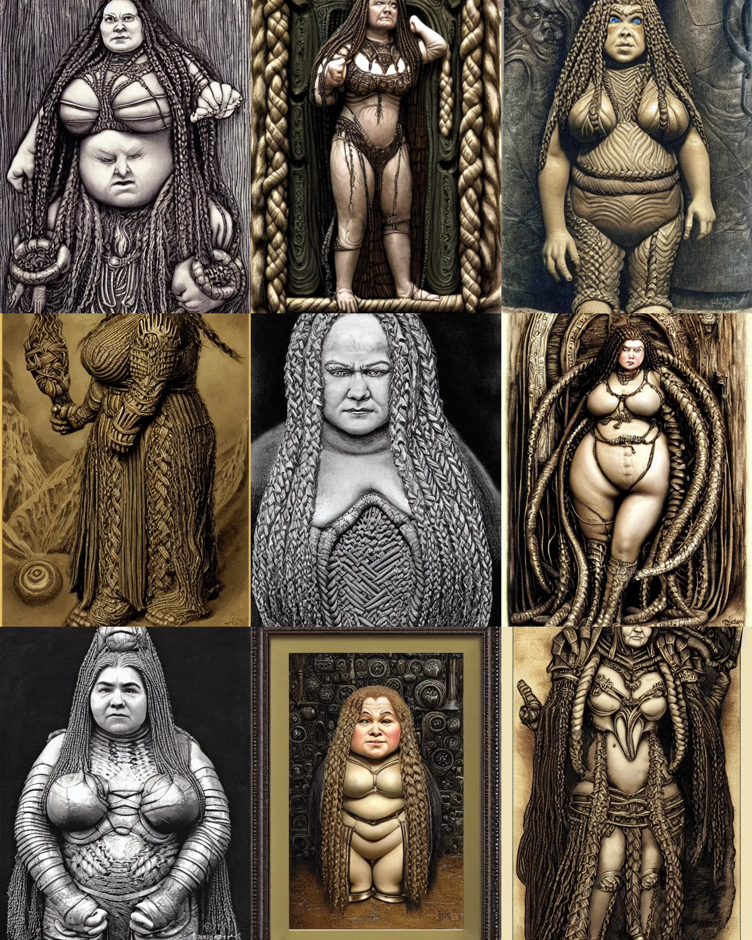 Prompt: female dwarven noblewoman, chubby short stature, braided intricate hair, by h. r. giger