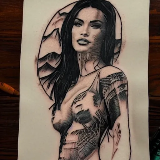 Image similar to double - exposure tattoo sketch of megan fox double - exposure with beautiful mountains, in the style of dan mountford