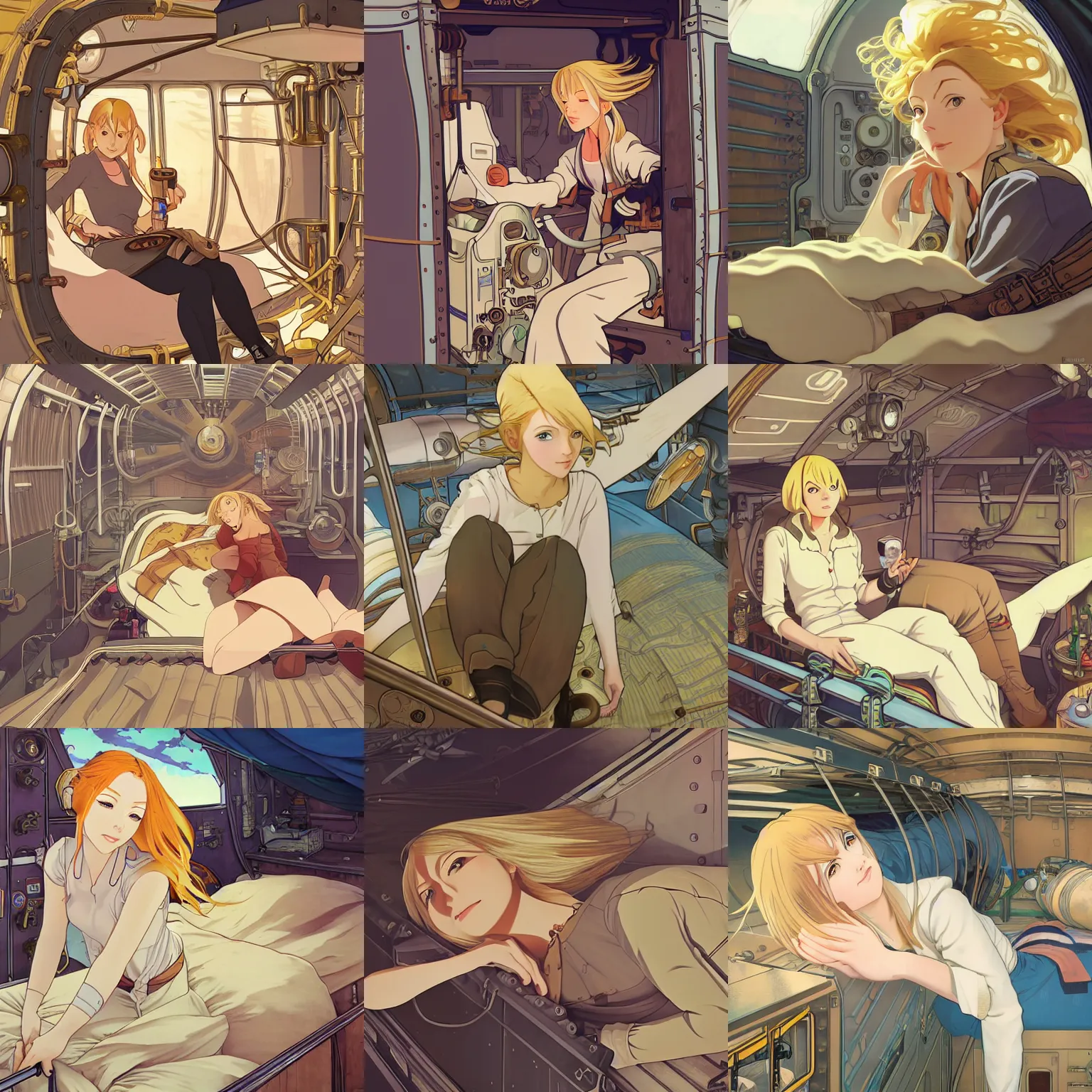 Prompt: Blonde female airship mechanic waking up in her cramped bunk, steampunk, defined facial features, highly detailed, illustration, Makoto Shinkai and Studio Ghibli animated film still, by Ilya Kuvshinov and Alphonse Mucha