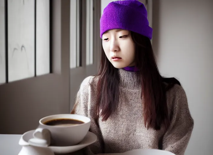 Image similar to young adult korean woman in a coffee shop wearing a beanie and a purple sweater designed by zaha hadid, natural light, magazine photo, 5 0 mm