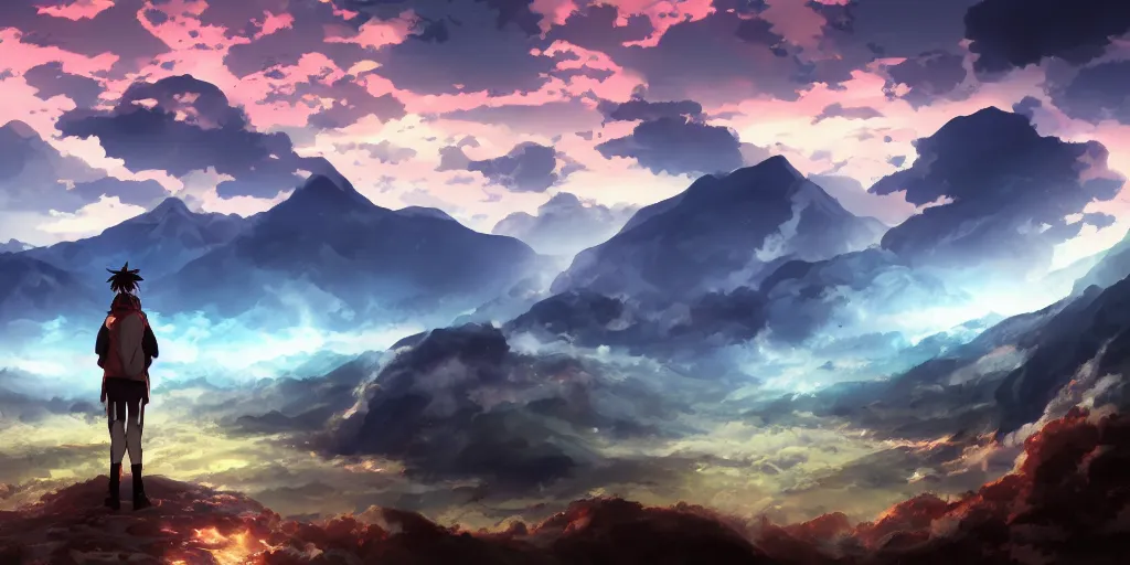 Prompt: anime character watching an apocalyptic landscape with mountains and the clouds are burning, hyperrealistic, trending on pixiv fanbox