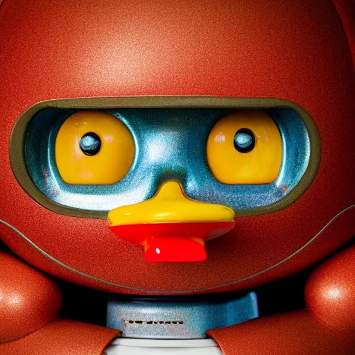 Prompt: closeup portrait of tin toy retro robot yellow duck, depth of field, red zeiss lens, detailed, centered, fashion photoshoot, by nicoletta ceccoli, mark ryden, lostfish, extremely detailed, artistic, hyperrealistic, octane render