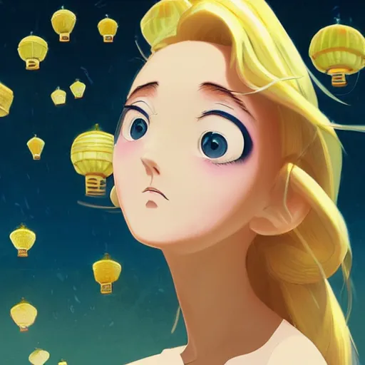 Prompt: a beautiful blonde girl with hair blowing in the wind, in a garden of lanterns and fireflies, children's book illustration in pixar style and anime style with a realistic symmetric face by don bluth, hayao miyazaki of studio ghibli, and ross tran