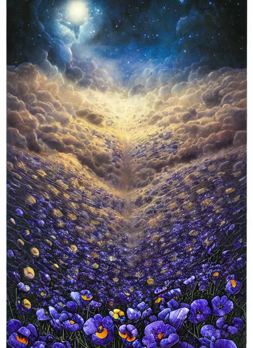 Image similar to detailed, intricate blue black and purple papaverum flower on the field, nebula, galaxy in the sky, winning award masterpiece, fantastically beautiful, illustration, aestheticly inspired, jacek yerka, upscale with anguissola sofonisba work, artstation, 8 k