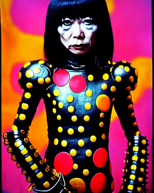 Image similar to portrait of a skinny punk goth yayoi kusama wearing armor by simon bisley, john blance, frank frazetta, fantasy, thief warrior, floral flowers colorful