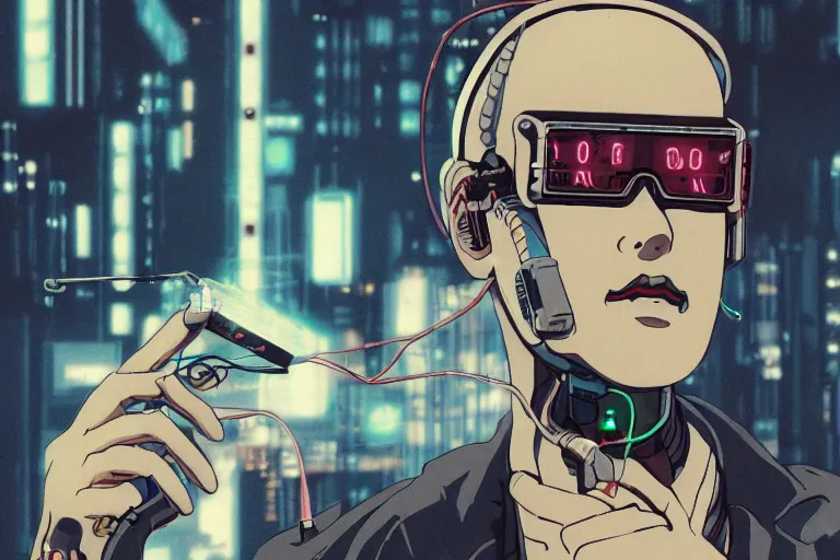 Image similar to man with wires on his head and a cigarette in his mouth, cyberpunk art by hayao miyazaki, behance contest winner, panfuturism, circuitry, darksynth, future tech