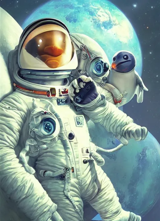 Image similar to astronaut penguin in space adventure movie by nuri iyem, james gurney, james jean, greg rutkowski, anato finnstark. pixar. hyper detailed, 5 0 mm, award winning photography, perfect faces