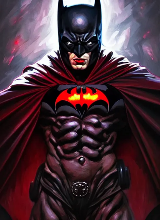 Image similar to portrait of aggressive demonic damned batman, d & d, muscular! athetic slim bodybuilder, red and black, futuristic, fantasy, intricate, elegant, highly detailed, digital painting, artstation, concept art, smooth, sharp focus, illustration, art by artgerm and greg rutkowski and alphonse mucha