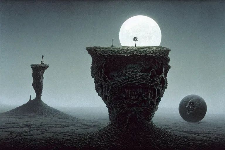 Image similar to a surreal and awe - inspiring science fiction landscape, skull - shaped moon, intricate, elegant, highly detailed matte painting by beksinski and simon stalenhag