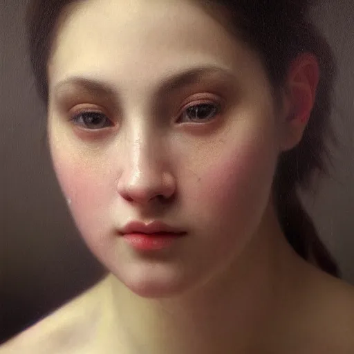 Image similar to hyperrealistic oil painting of woman, oil paint drips, dim volumetric lighting, 8 k octane beautifully detailed render, post - processing, portrait, extremely hyper - detailed, intricate, epic composition, cinematic lighting, masterpiece, by william - adolphe bouguereau, trending on artstation, very very detailed, masterpiece, stunning,