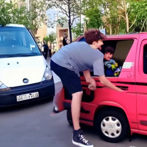 Prompt: elrubius kidnapping a kid in middle of the street using a van