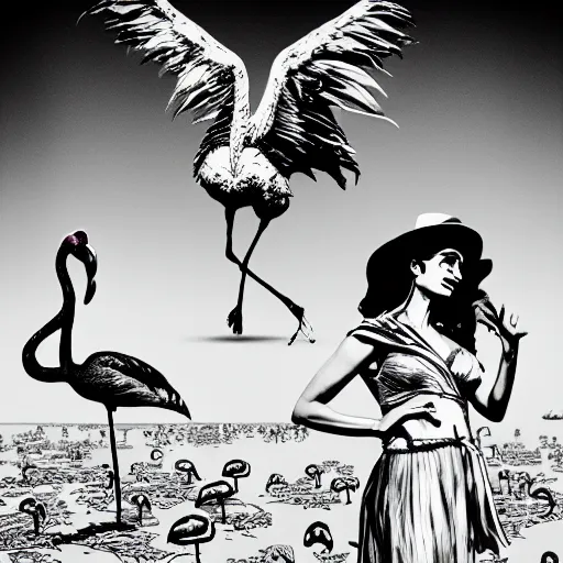 Image similar to A surreal comic noir illustration containing Penelope Cruz and Flamingos in a desert beach oasis by Salvador Dali, dark vibes, high contrast, pastel lighting, cinematic, depth of field, 8k