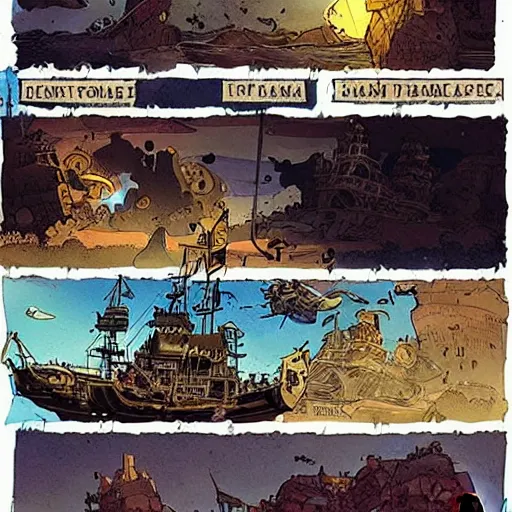 Image similar to treasure map adventures : : 1, large pirate ship, mike mignola style, comics, beautiful composition, wide angle, colorful, cinematic, volumetric lighting, intricate details