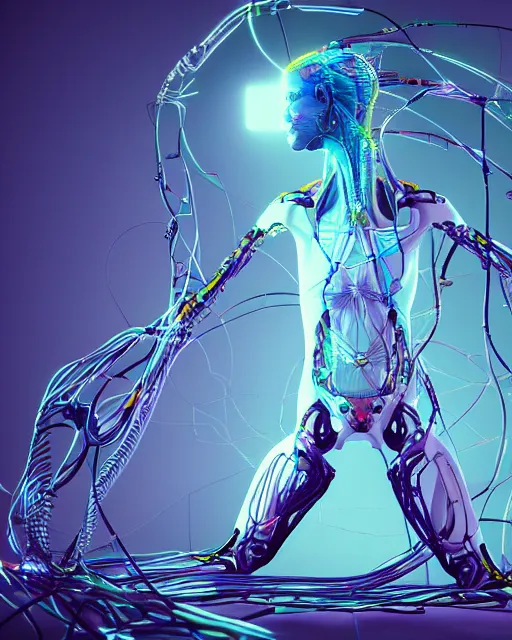 Prompt: a human cyborg with limbs stretches out tied with electrical cables connected to an infinite supercomputer, flood of color and images flowing from his head, 3 d render, octane, insane details