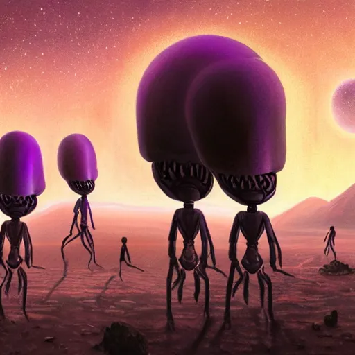 Prompt: Humanoid Ant Aliens on a desert planet with purple sky [realistic detailed digital painting for a Science Fiction Novel, trending on Artstation]