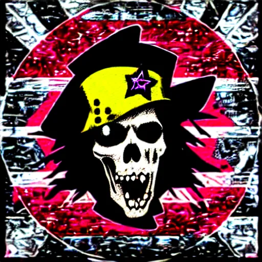 Image similar to painting on a badge, punks not dead!, exploited!!, clash, junk yard, rats!!, god save the queen!!!, punk rock album cover art style, grunge, no future!!!!, glitch effect