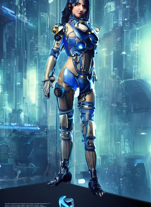 Prompt: a beautiful and alluring female character in cyberpunk armor with navigator gear, proportionate figure and delicate features. she is standing in a dark blue background with volumetric light. her armor and gear are gold and platinum plated. this is a poster style image with ultra realistic and ultra detailed graphics.