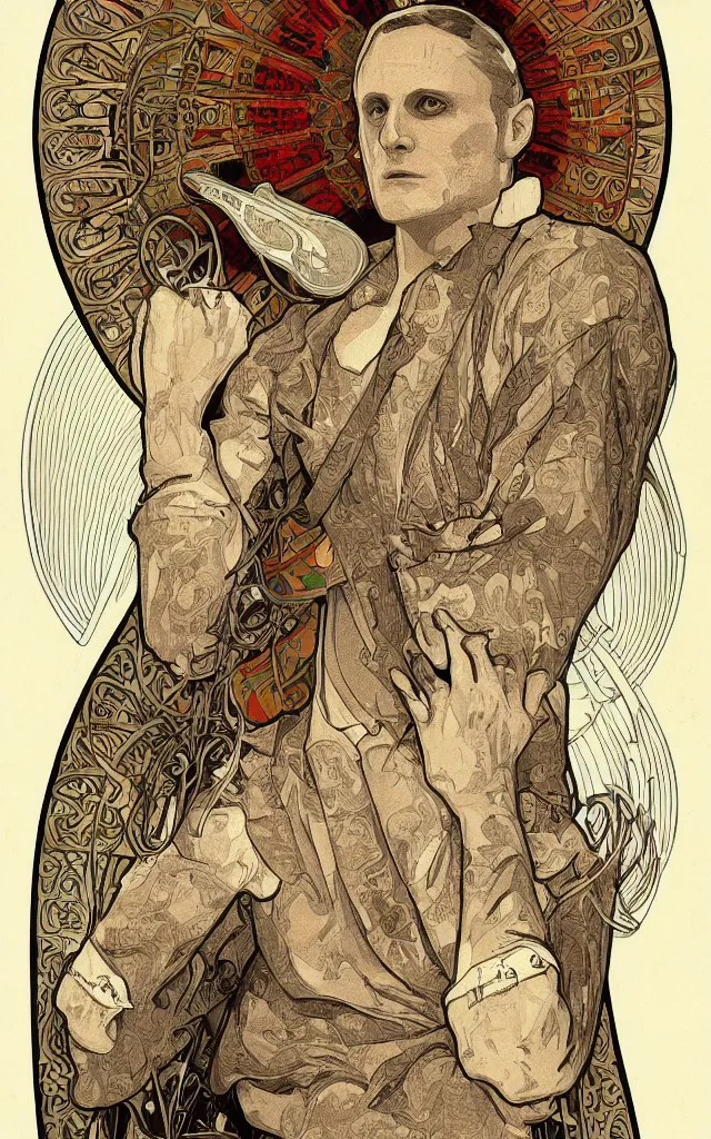 Image similar to Hannibal Lecter from NBCs Hannibal in portrait Alphonse Mucha art nouveau style, detailed high definition poster, photorealistic brutal artwork, featured on artstation, powerful, high definition, large file size, advertisement