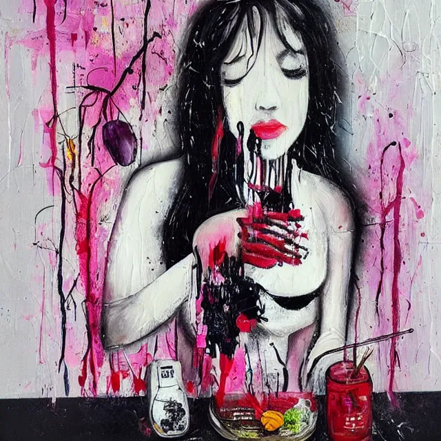 Image similar to “ a portrait in a female art student ’ s apartment, sensual, a pig theme, organic, art supplies, paint tubes, ikebana, herbs, a candle dripping white wax, black walls, squashed berries, berry juice drips, acrylic and spray paint and oilstick on canvas, surrealism, neoexpressionism ”