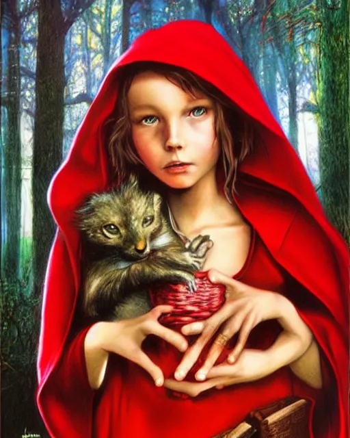 Image similar to little red riding hood, airbrush, drew struzan illustration art, key art, movie poster