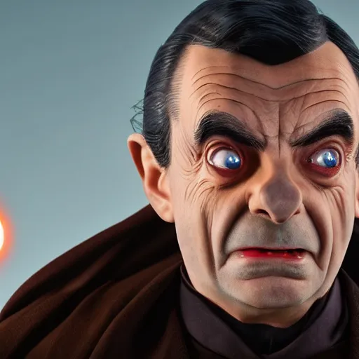 Image similar to mr. bean is darth sidious in star wars, 4 k, studio portrait, photography, cinematic lighting, highly detailed