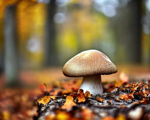 Prompt: a mushroom on a tree, photograph, autumn, hd, depth of field